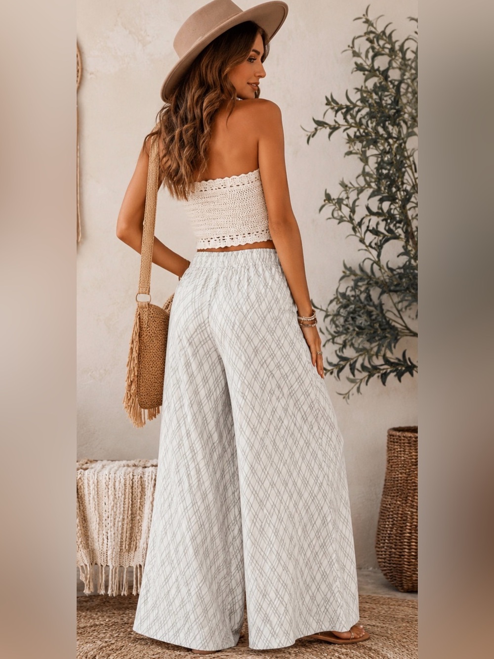 NWT Peach Wide Leg Palazzo Pants Plaid Boho Flowy Small Ivory/Dark Gray - Picture 3 of 16